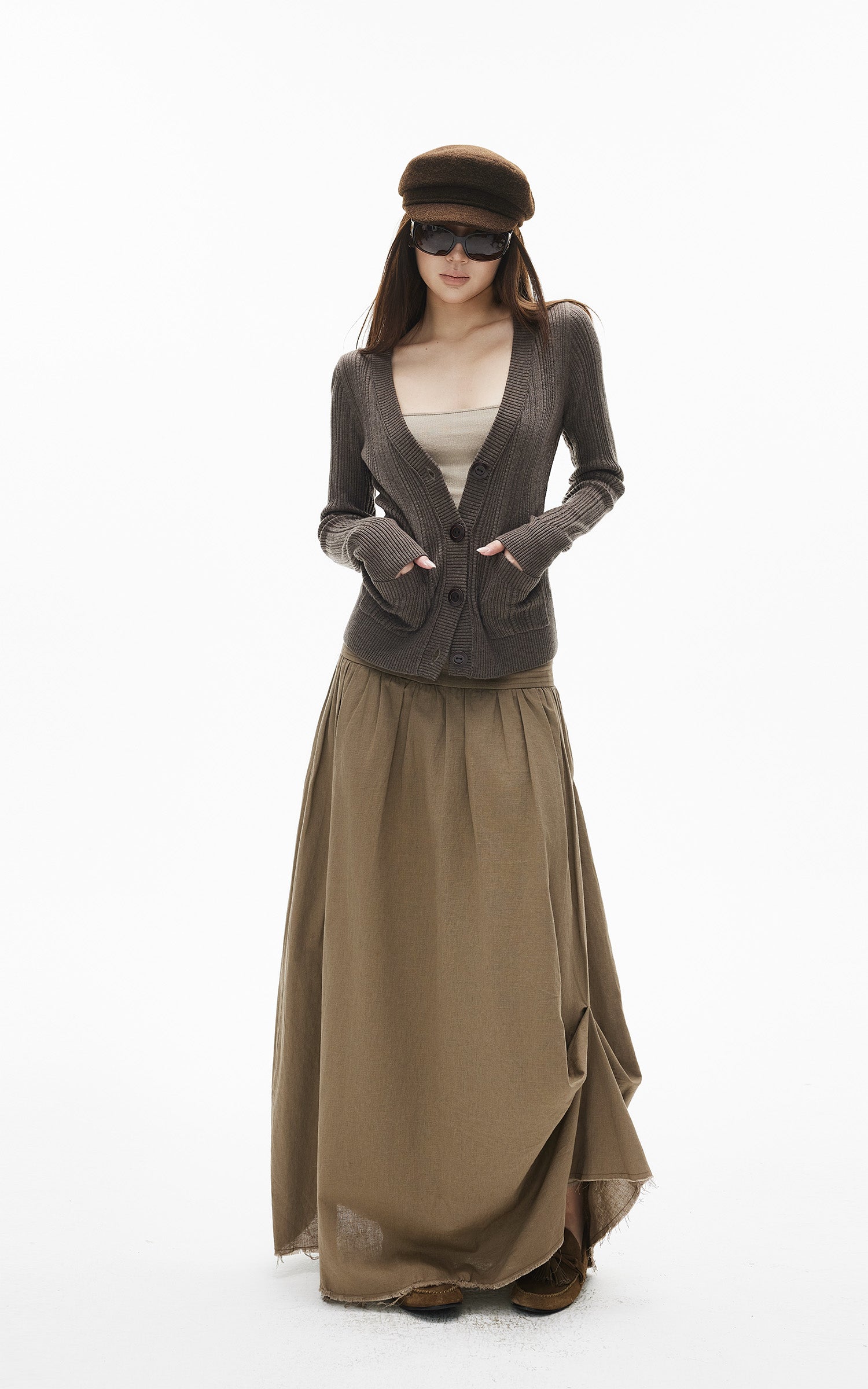 IAMXIAA 골지 딥V 슬림핏 니트 가디건