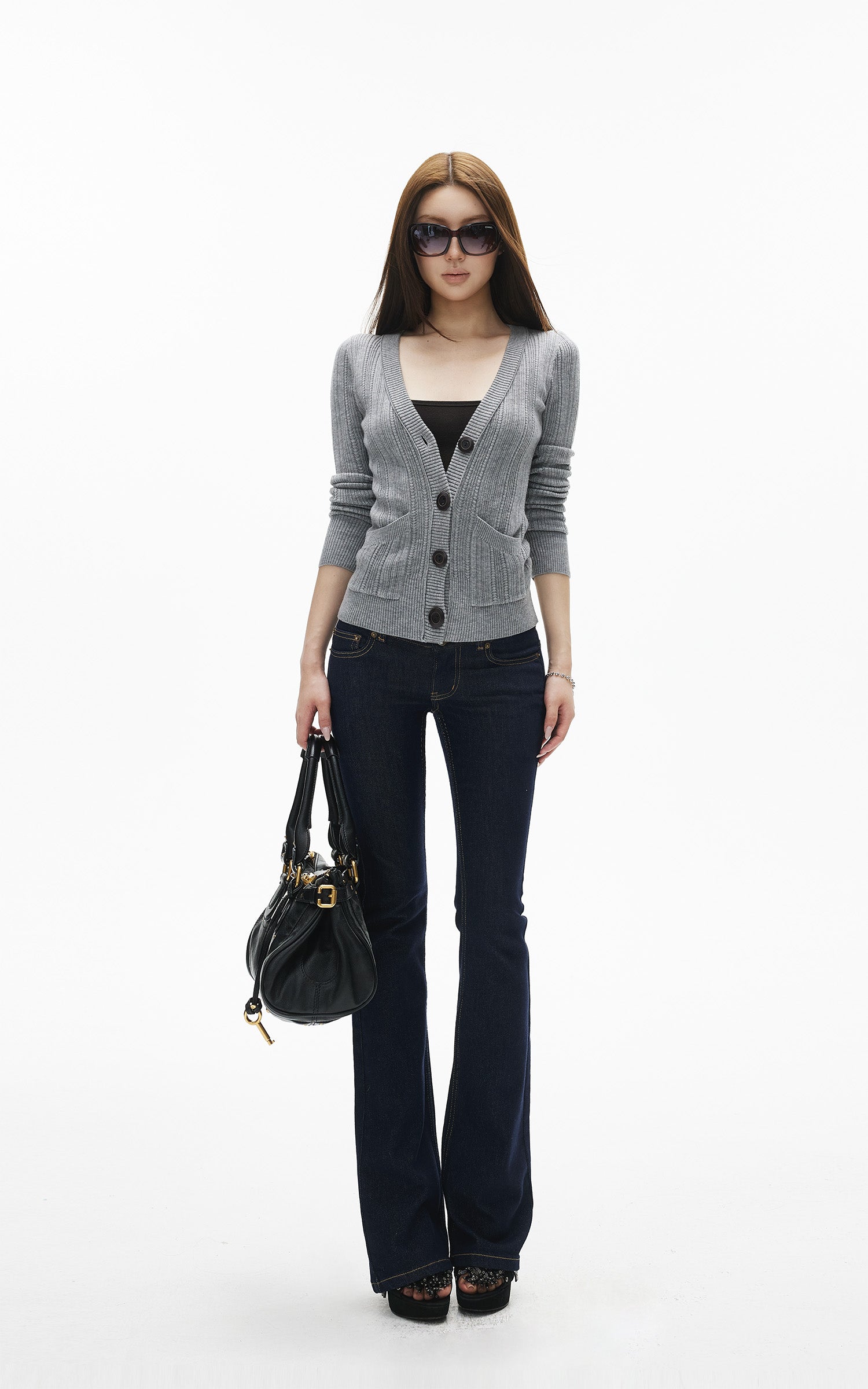 IAMXIAA 골지 딥V 슬림핏 니트 가디건