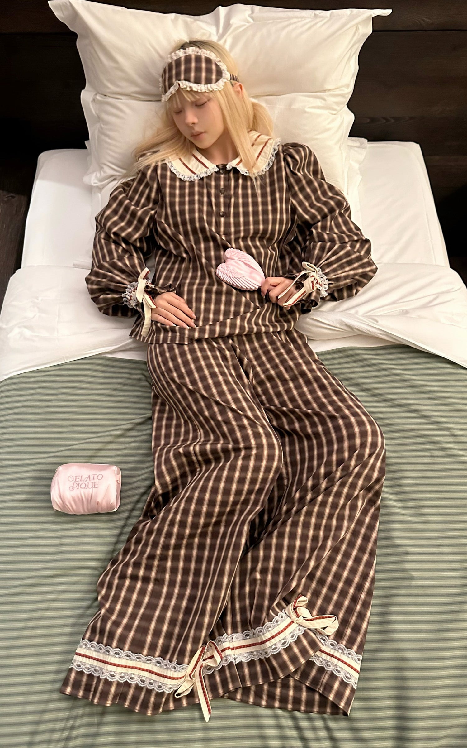 Rase le sol Plaid Lace Trim Pajama Set with Eye Mask