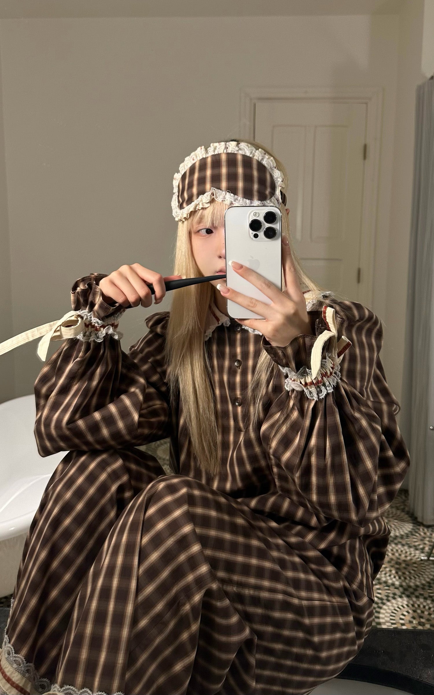 Rase le sol Plaid Lace Trim Pajama Set with Eye Mask