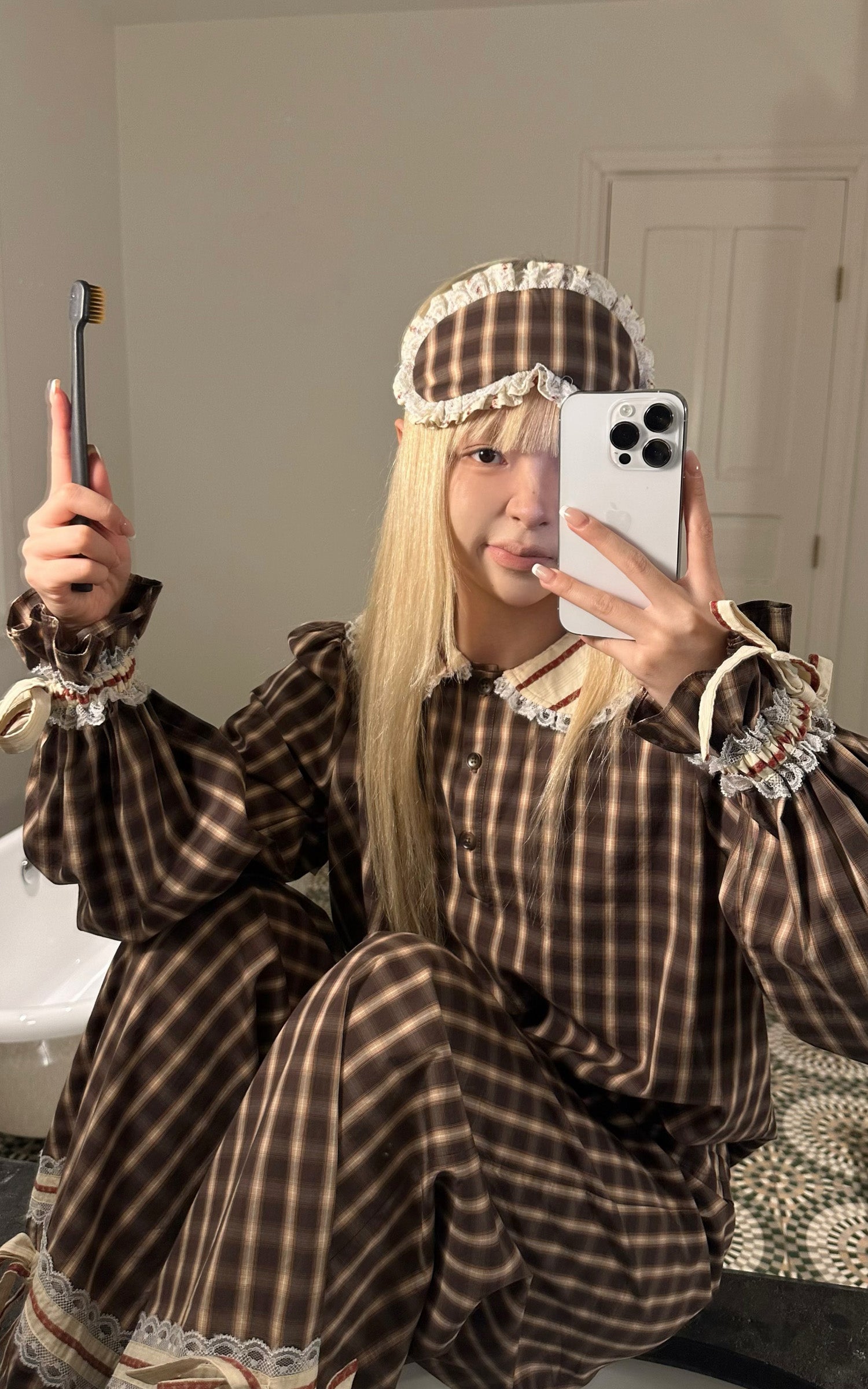 Rase le sol Plaid Lace Trim Pajama Set with Eye Mask