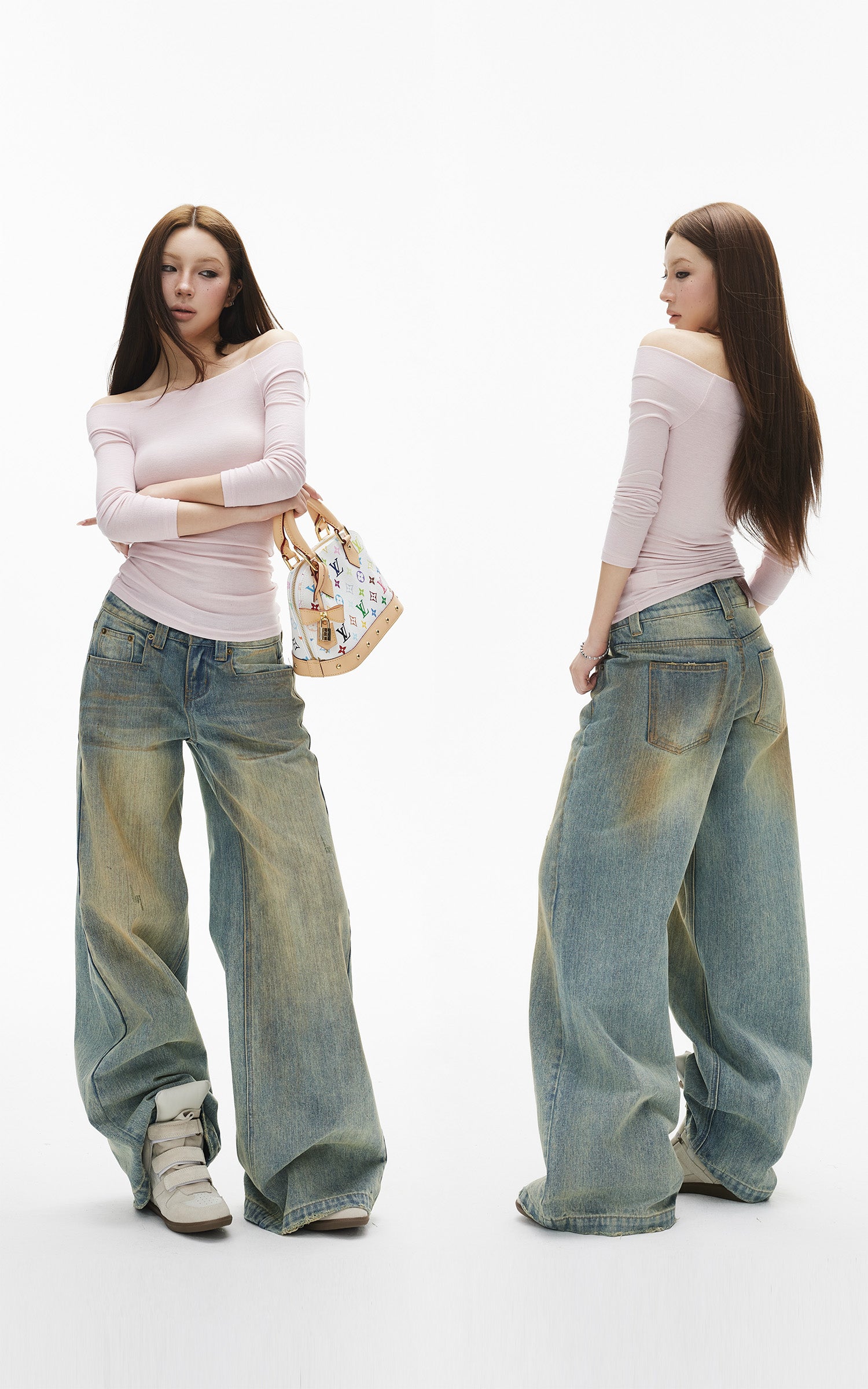 IAMXIAA Jean large taille basse à effet vintage
