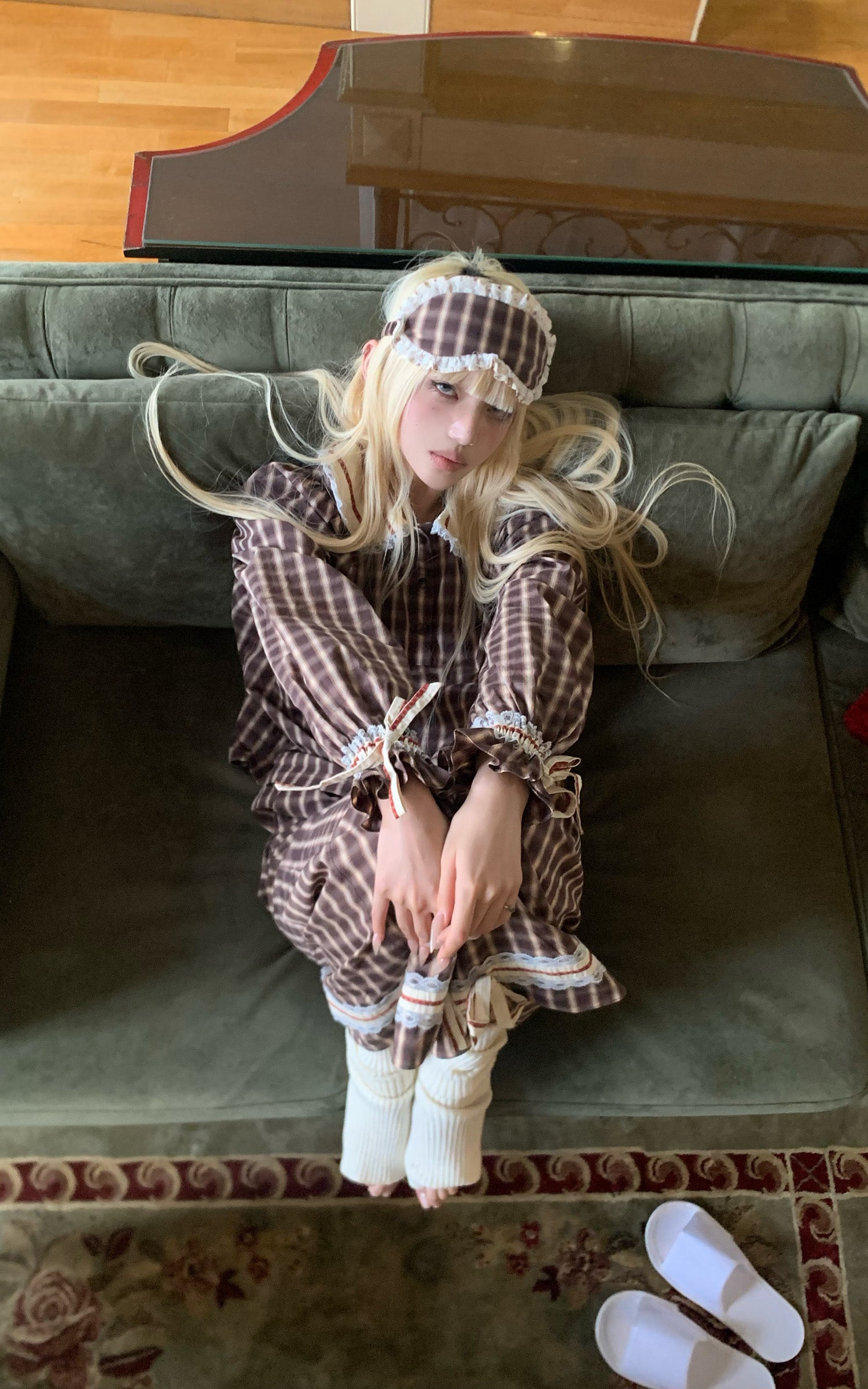 Rase le sol Plaid Lace Trim Pajama Set with Eye Mask