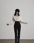DOINDULGE Ruffled Stand Collar Flared Sleeve Shirt
