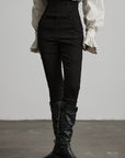 DOINDULGE High Waist Structured Studded Slim Denim Pants