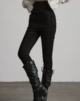 DOINDULGE High Waist Structured Studded Slim Denim Pants