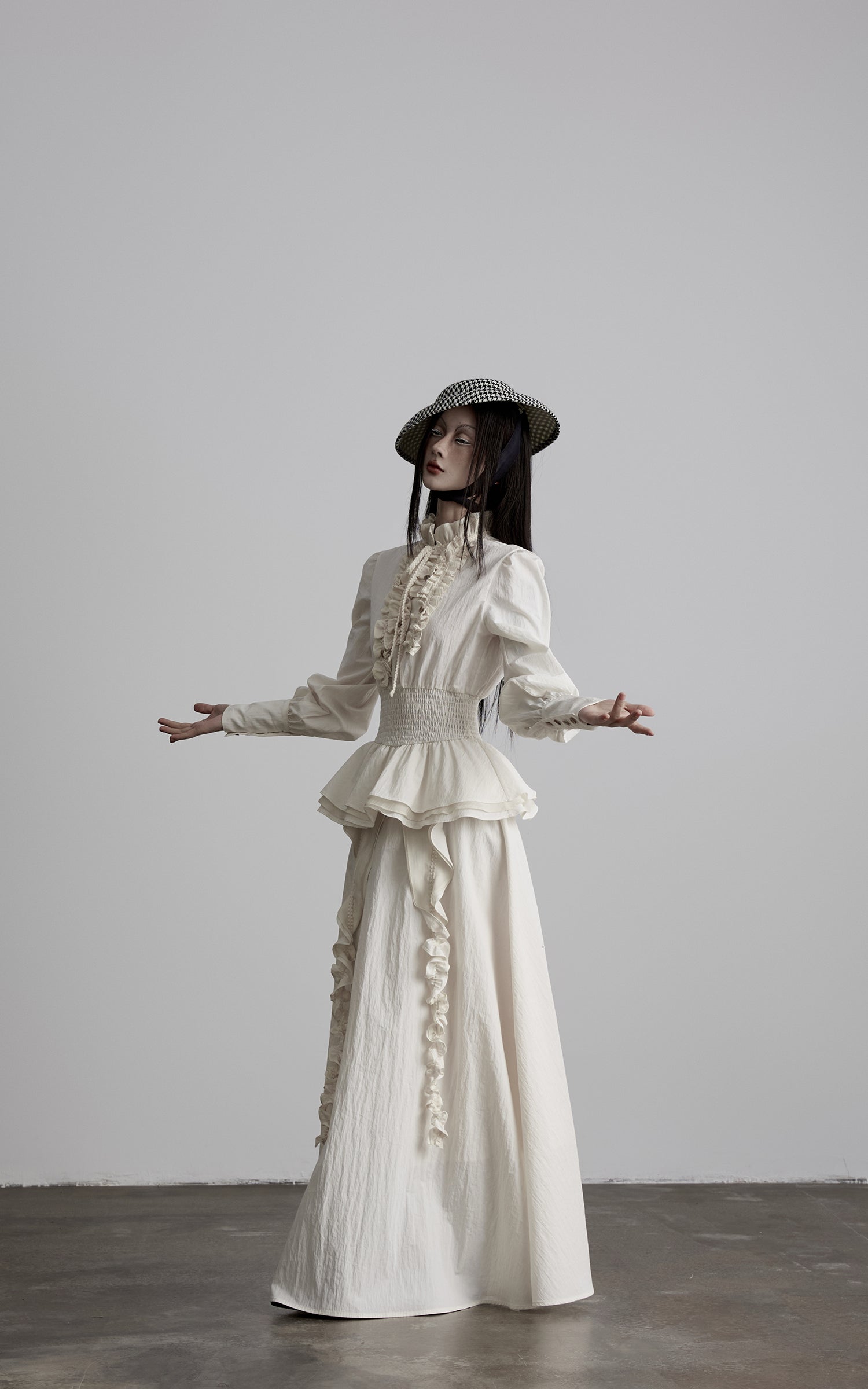 DOINDULGE Ruffled High-Neck Smocked Waist Long Sleeve Blouse