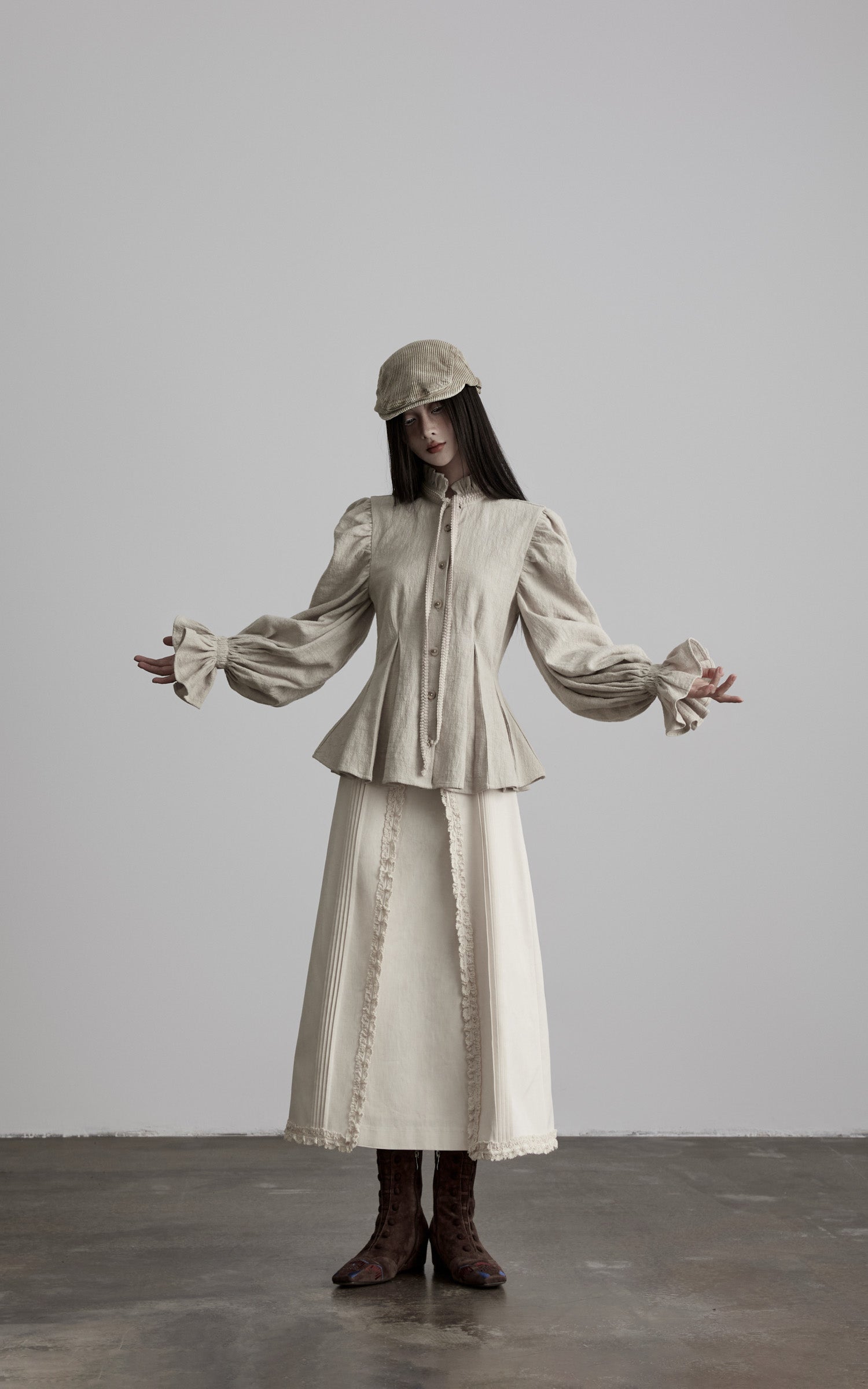 DOINDULGE Sculpted Pleated Waist Ruffle Collar Linen Shirt