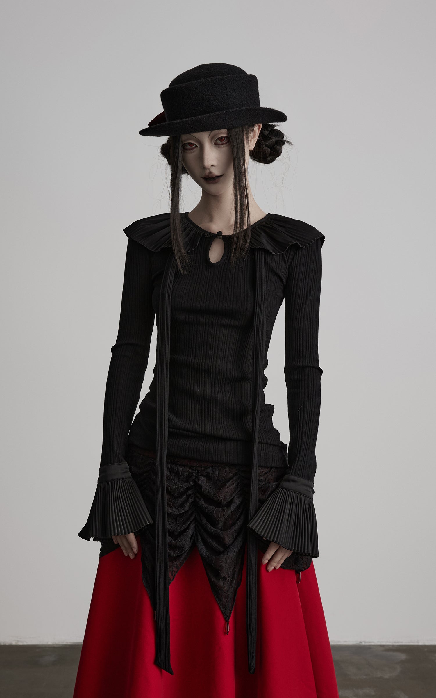 DOINDULGE Pleated Collar Flared Sleeve Ribbed Long Sleeve T-Shirt
