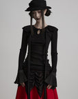 DOINDULGE Pleated Collar Flared Sleeve Ribbed Long Sleeve T-Shirt