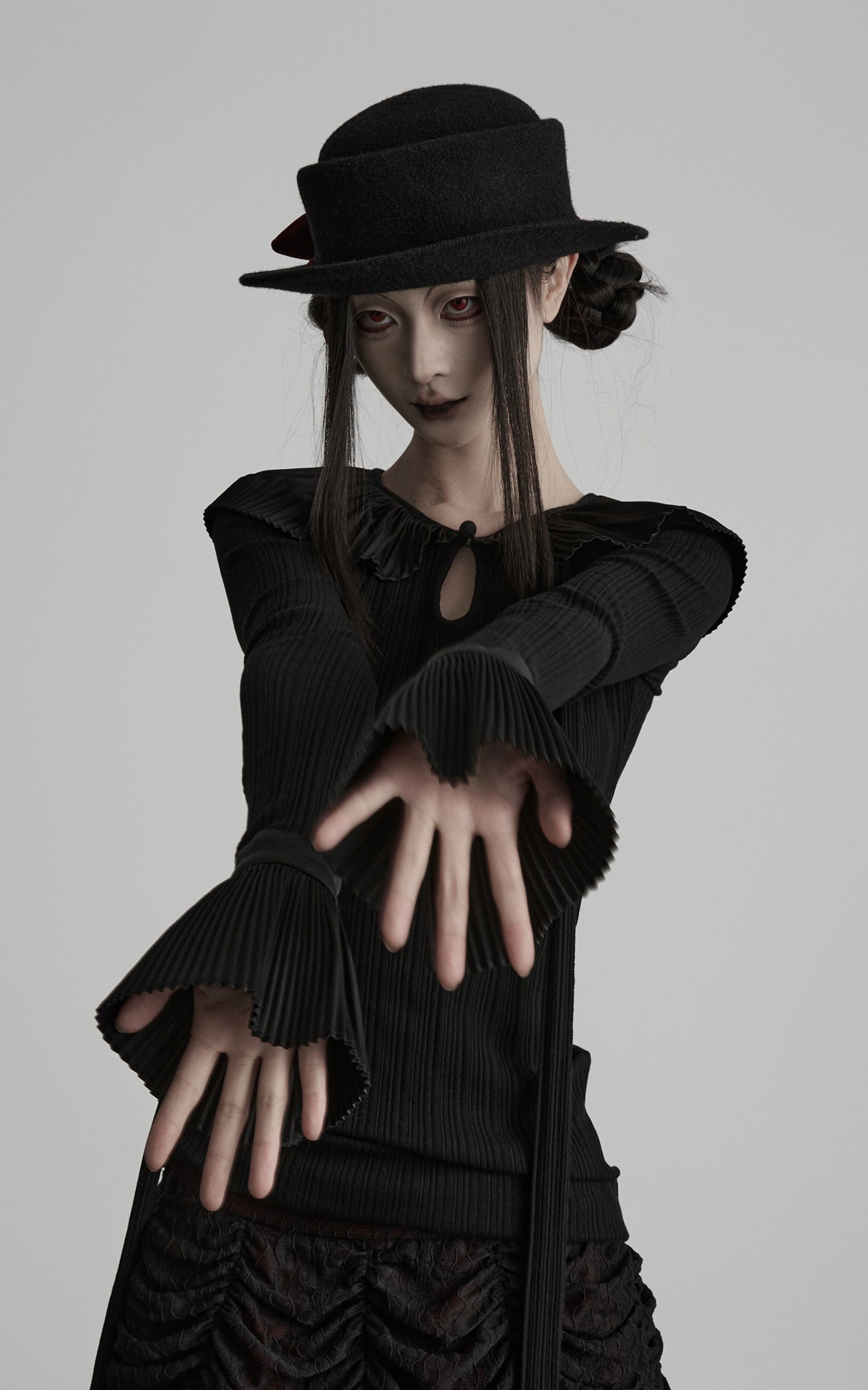 DOINDULGE Pleated Collar Flared Sleeve Ribbed Long Sleeve T-Shirt