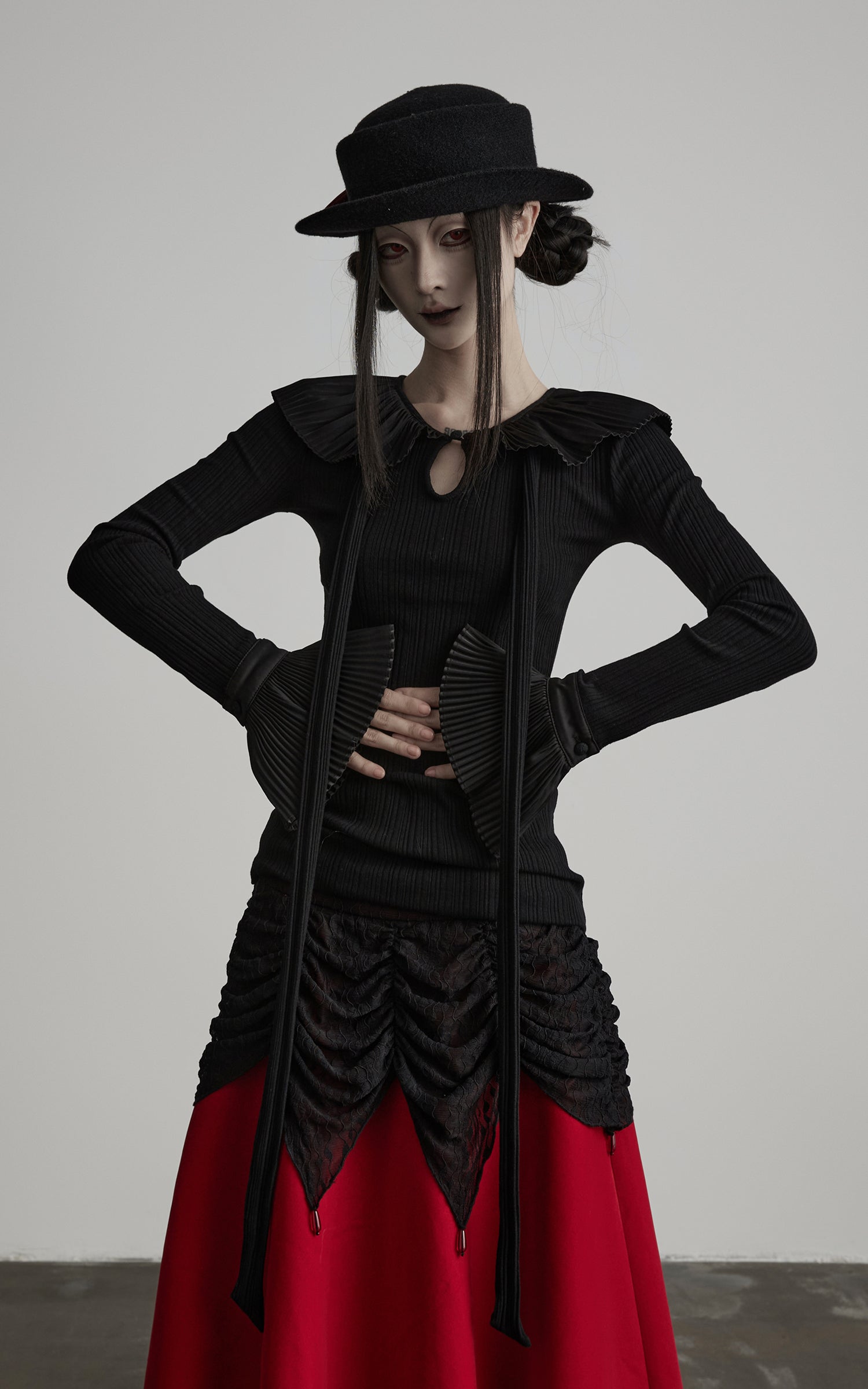 DOINDULGE Pleated Collar Flared Sleeve Ribbed Long Sleeve T-Shirt