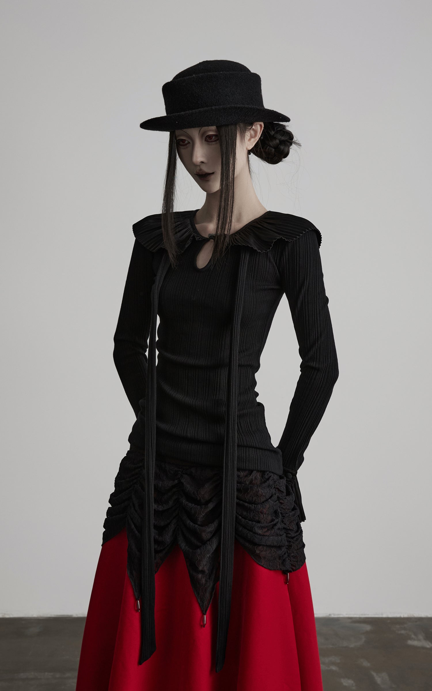 DOINDULGE Pleated Collar Flared Sleeve Ribbed Long Sleeve T-Shirt