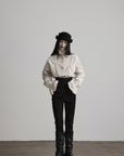 DOINDULGE Ruffled Stand Collar Flared Sleeve Shirt