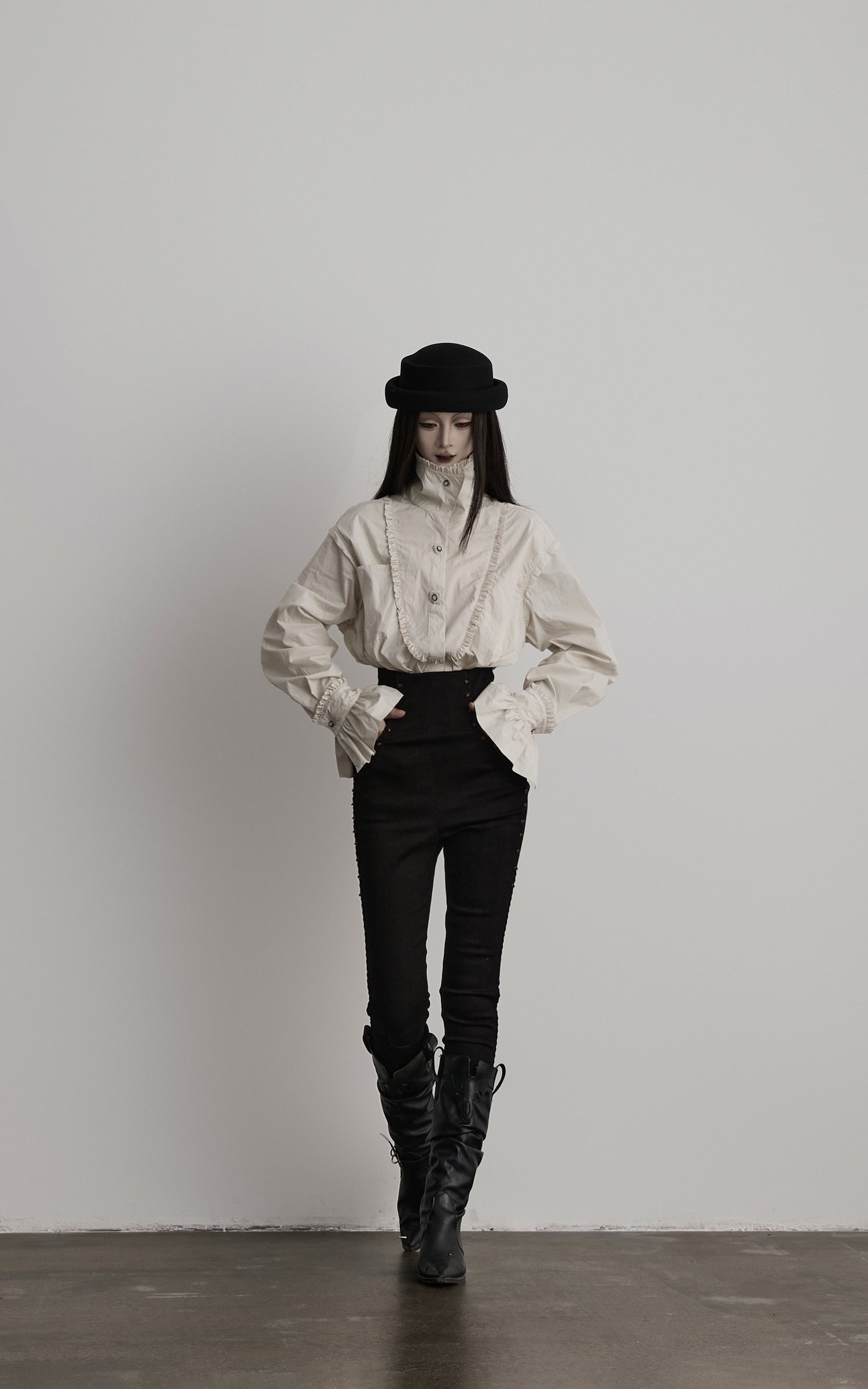 DOINDULGE Ruffled Stand Collar Flared Sleeve Shirt