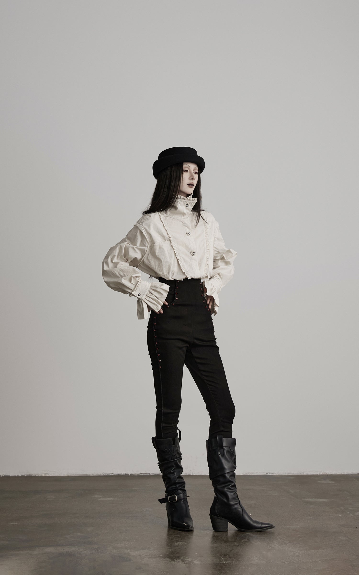 DOINDULGE High Waist Structured Studded Slim Denim Pants