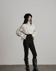 DOINDULGE Ruffled Stand Collar Flared Sleeve Shirt