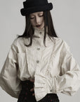 DOINDULGE Ruffled Stand Collar Flared Sleeve Shirt