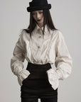 DOINDULGE Ruffled Stand Collar Flared Sleeve Shirt