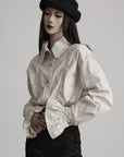 DOINDULGE Ruffled Stand Collar Flared Sleeve Shirt
