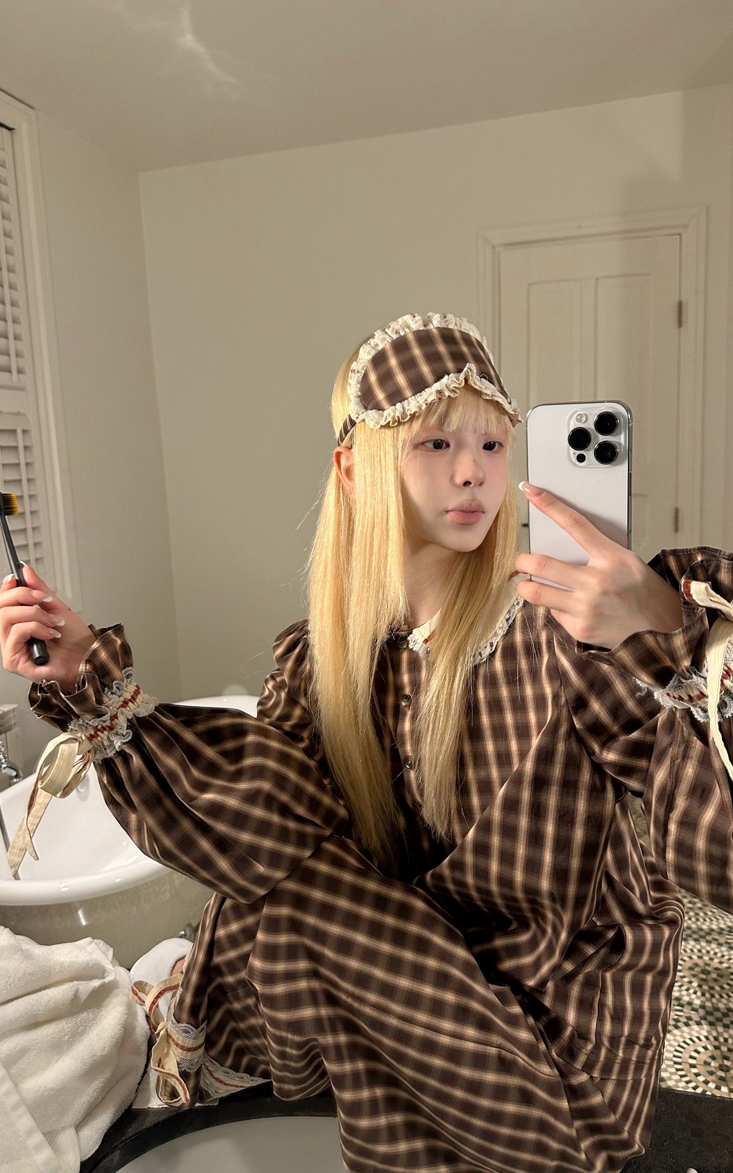 Rase le sol Plaid Lace Trim Pajama Set with Eye Mask