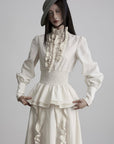 DOINDULGE Ruffled High-Neck Smocked Waist Long Sleeve Blouse