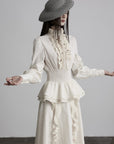 DOINDULGE Ruffled High-Neck Smocked Waist Long Sleeve Blouse