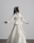 DOINDULGE Ruffled High-Neck Smocked Waist Long Sleeve Blouse