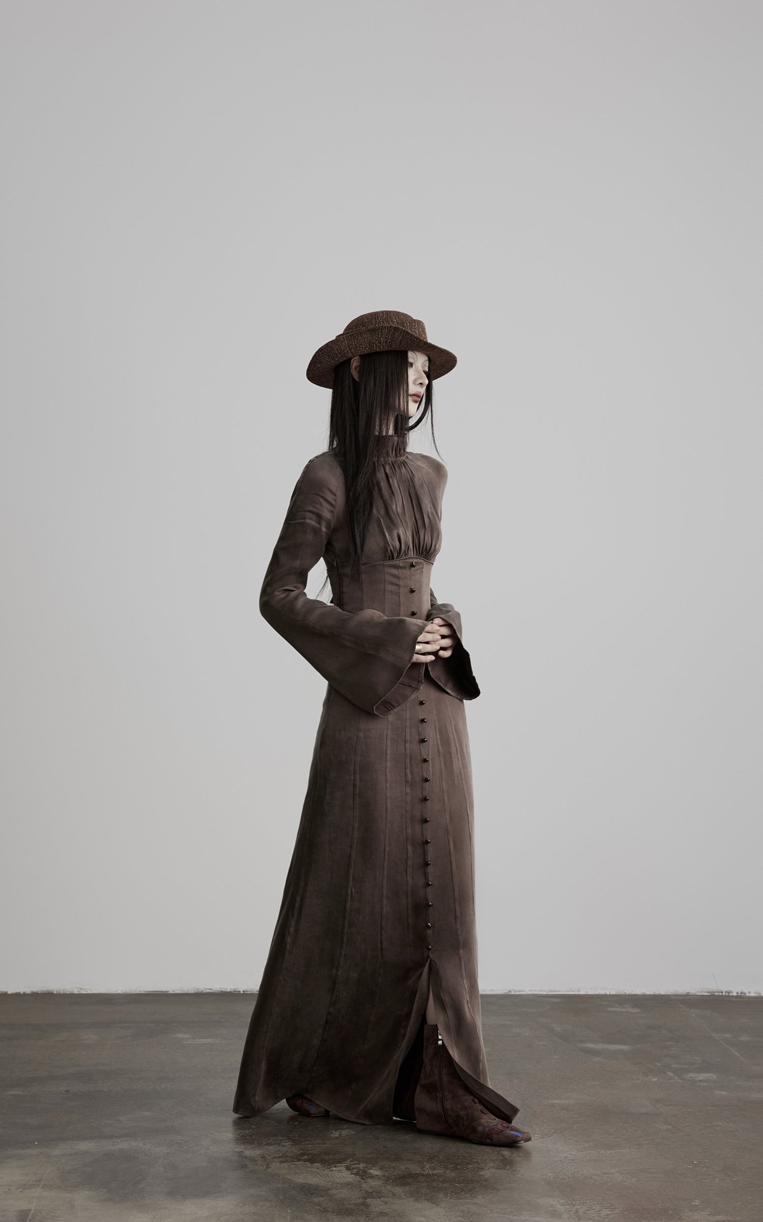 DOINDULGE High Neck Gathered Gothic Flare Sleeve Maxi Dress