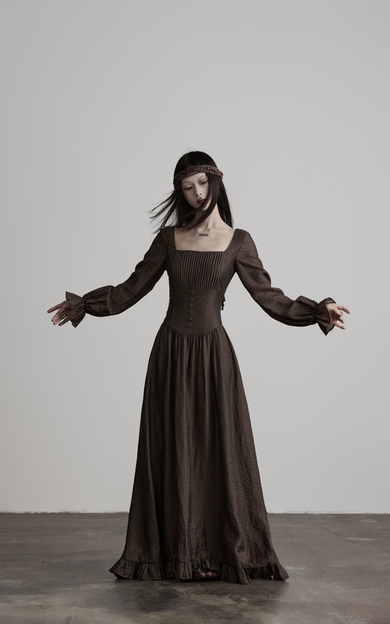 DOINDULGE Pleated Corset Waist Long Sleeve Maxi Dress