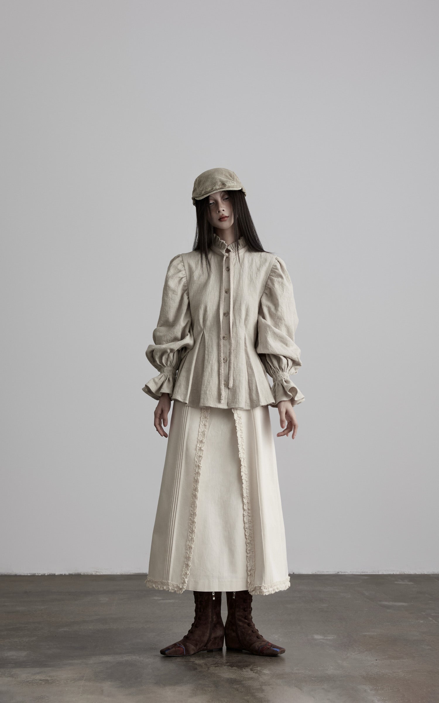 DOINDULGE Sculpted Pleated Waist Ruffle Collar Linen Shirt