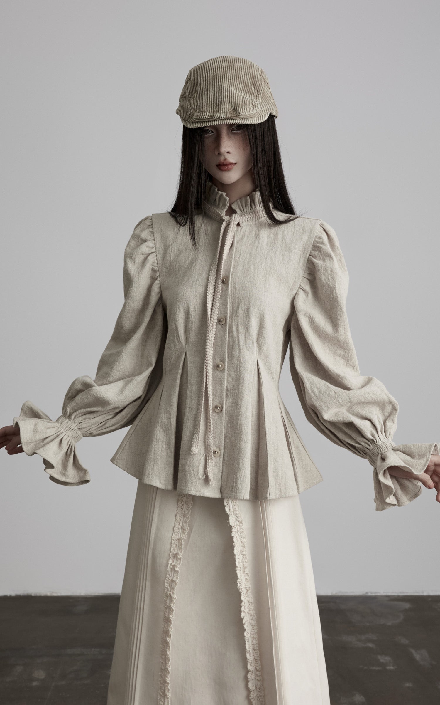 DOINDULGE Sculpted Pleated Waist Ruffle Collar Linen Shirt