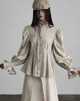 DOINDULGE Sculpted Pleated Waist Ruffle Collar Linen Shirt