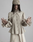 DOINDULGE Sculpted Pleated Waist Ruffle Collar Linen Shirt