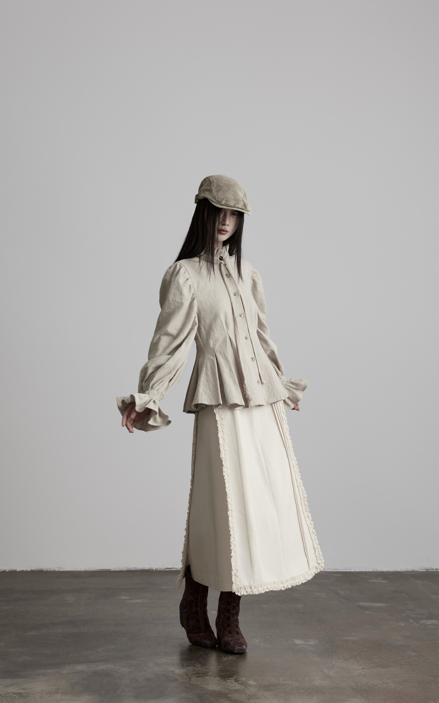 DOINDULGE Sculpted Pleated Waist Ruffle Collar Linen Shirt