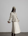 DOINDULGE Sculpted Pleated Waist Ruffle Collar Linen Shirt