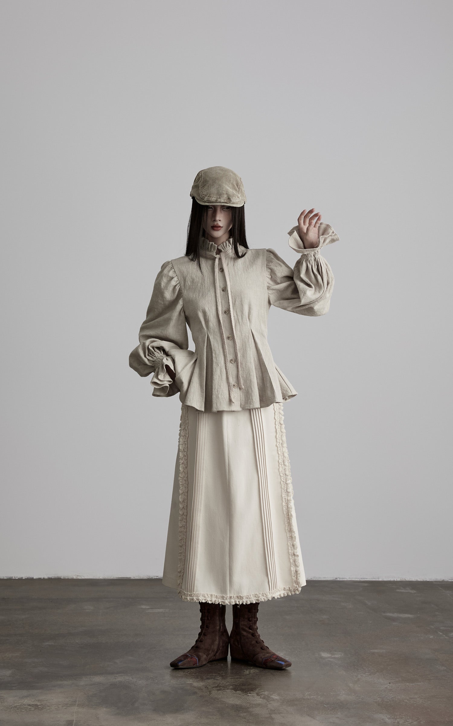 DOINDULGE Sculpted Pleated Waist Ruffle Collar Linen Shirt
