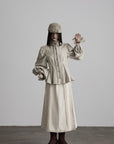 DOINDULGE Sculpted Pleated Waist Ruffle Collar Linen Shirt