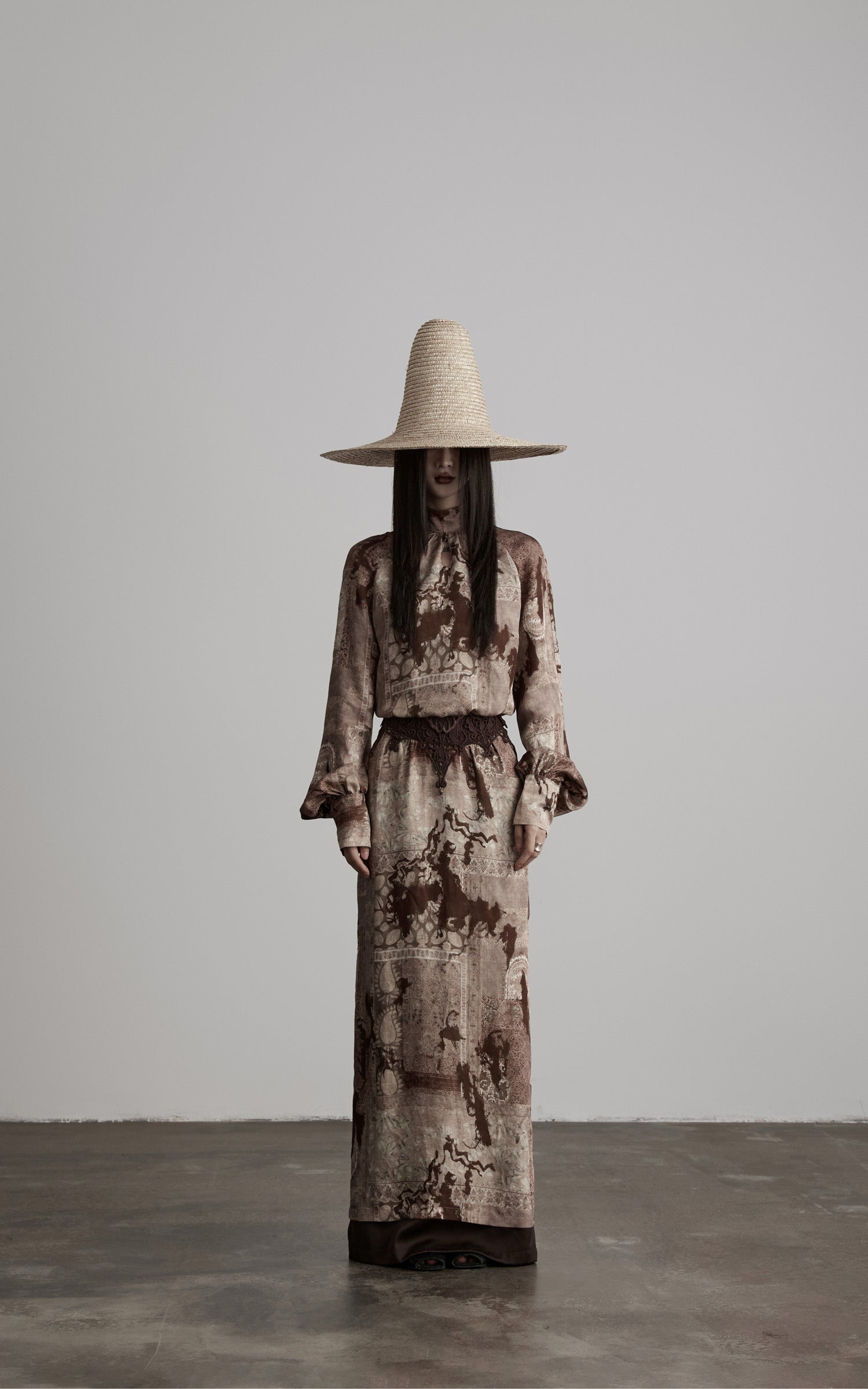 DOINDULGE Distressed Archive Print High Neck Long Sleeve Dress with Lace Waist Structure