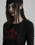 DOINDULGE Embroidered Eye Graphic Ribbed Long Sleeve T-Shirt