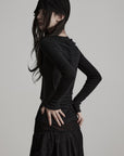 DOINDULGE Embroidered Eye Graphic Ribbed Long Sleeve T-Shirt