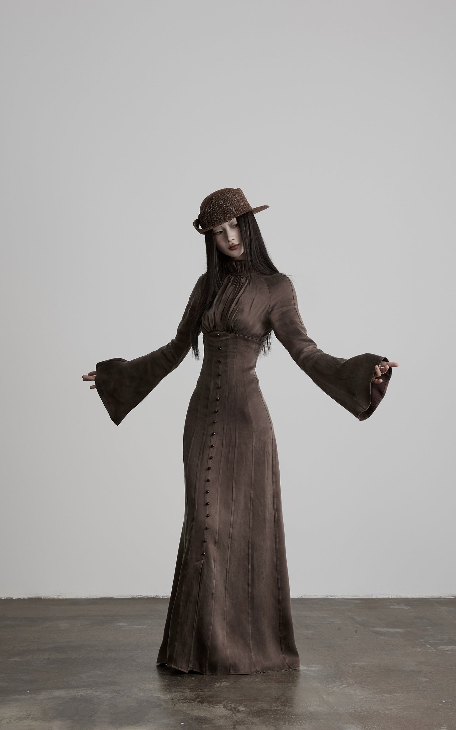 DOINDULGE High Neck Gathered Gothic Flare Sleeve Maxi Dress