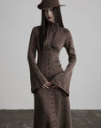 DOINDULGE High Neck Gathered Gothic Flare Sleeve Maxi Dress