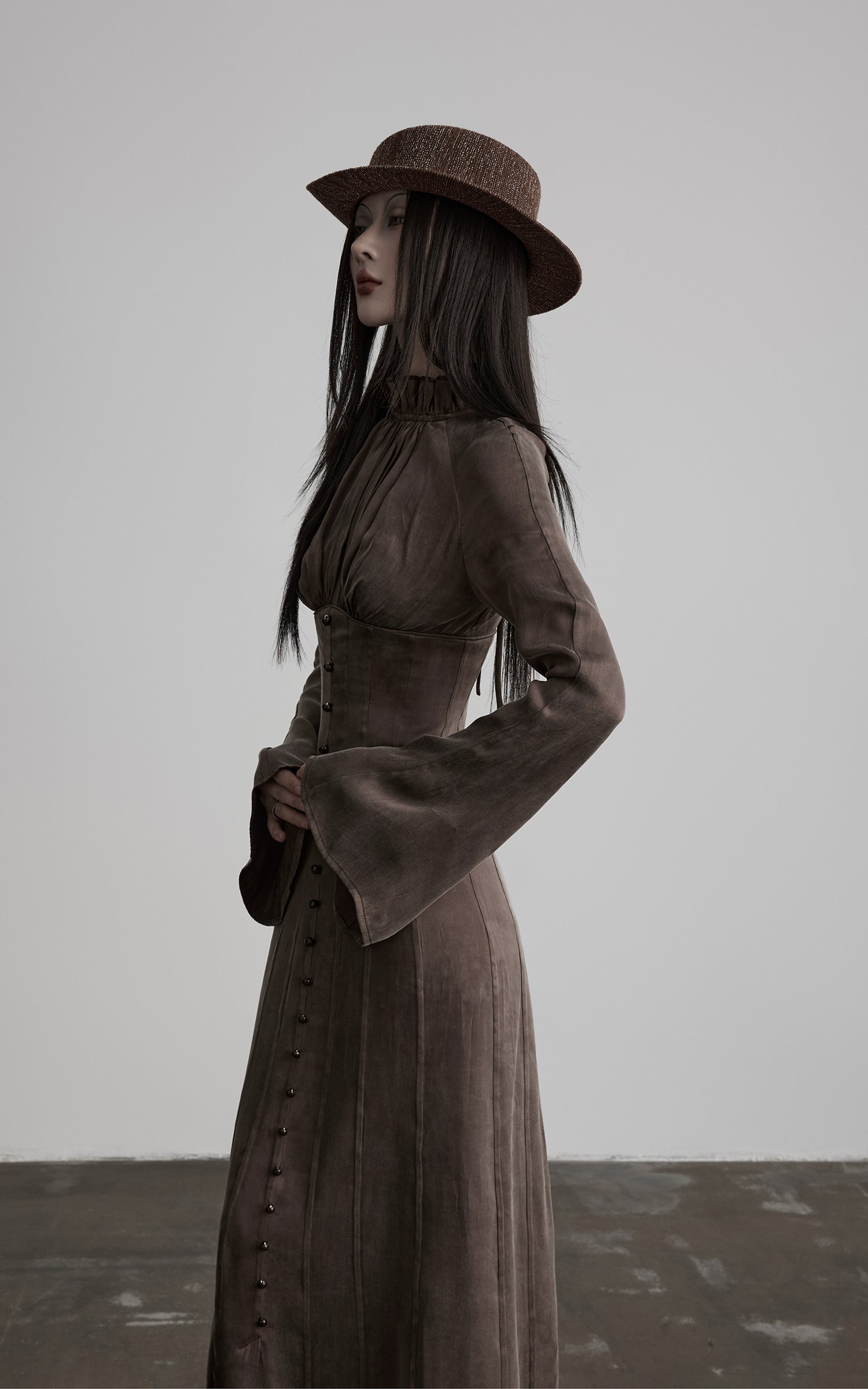 DOINDULGE High Neck Gathered Gothic Flare Sleeve Maxi Dress