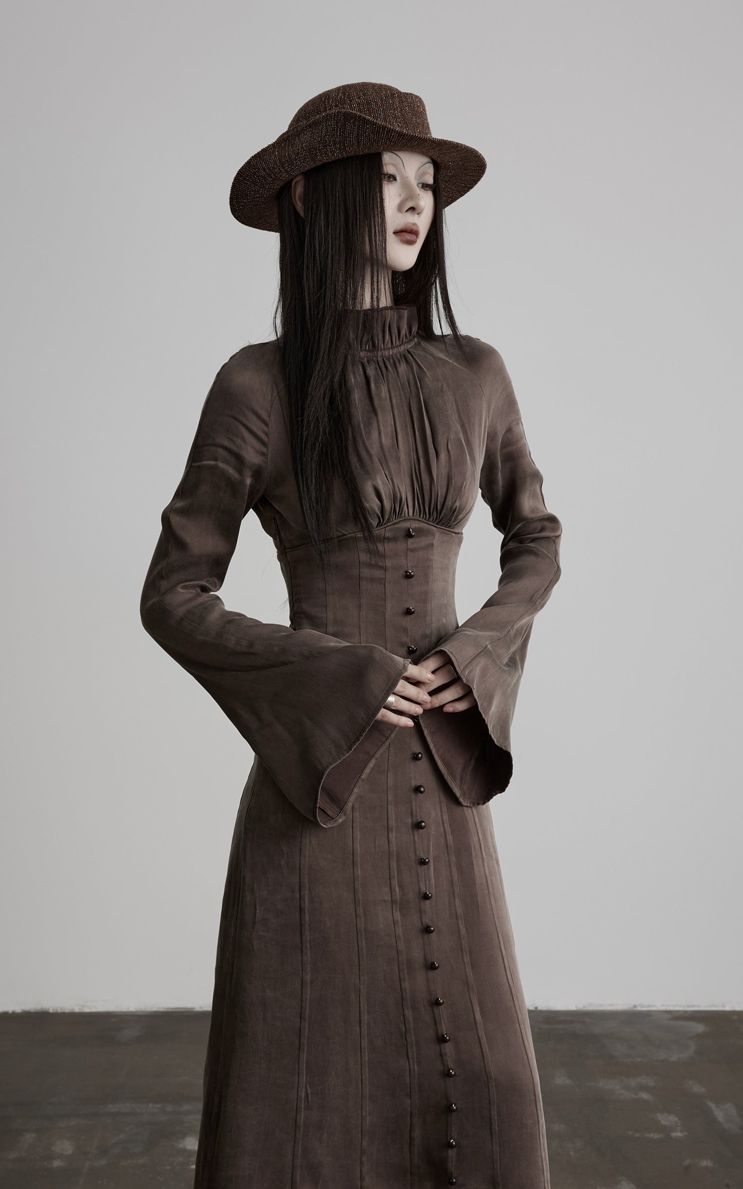 DOINDULGE High Neck Gathered Gothic Flare Sleeve Maxi Dress