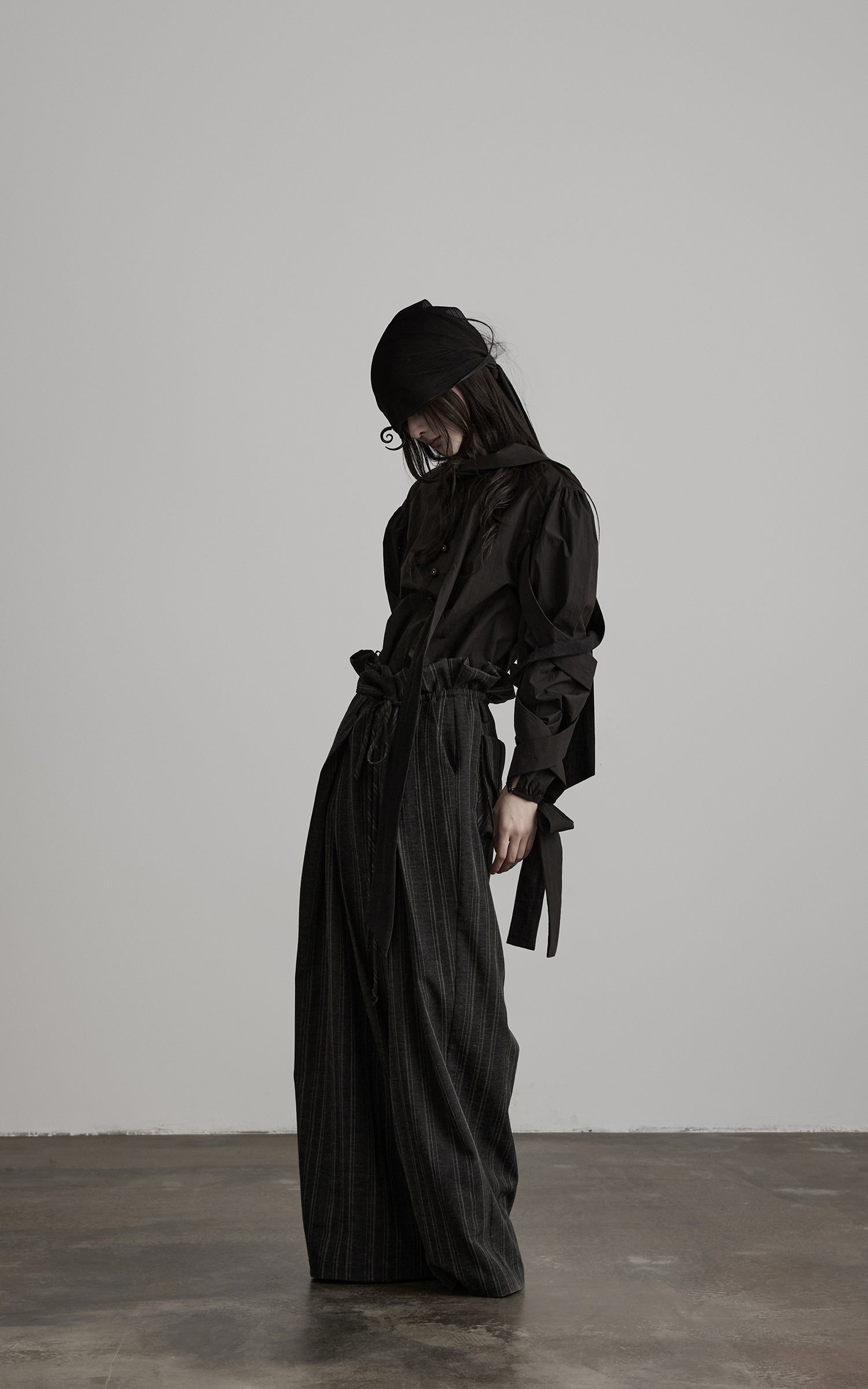 DOINDULGE High-Waist Pleated Pinstripe Wide Leg Trousers
