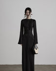 DOINDULGE Pleated Panel Braided Waist Long Sleeve Sculptural Maxi Dress