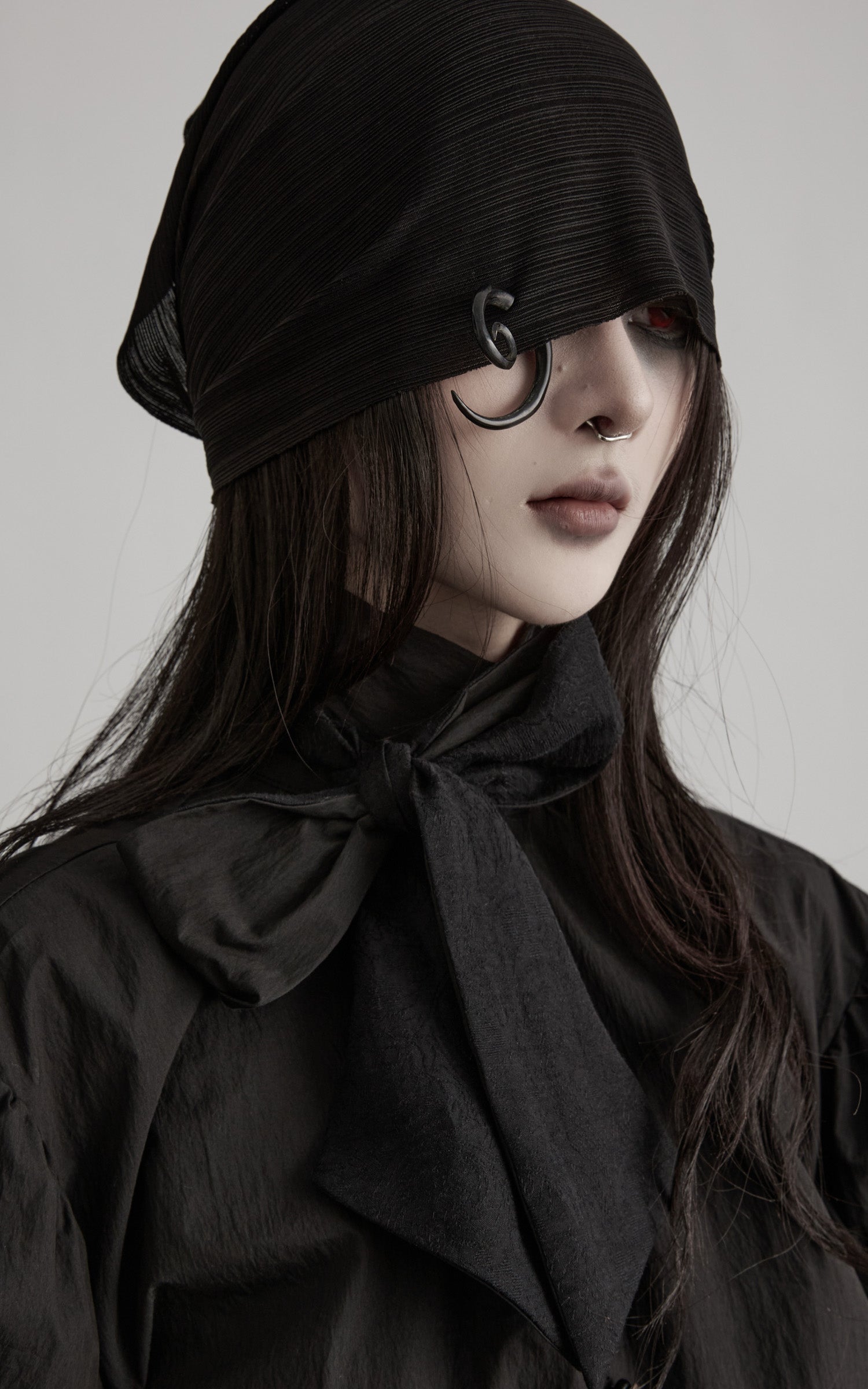 DOINDULGE Sculptural Ribbon Sleeve High Neck Shirt