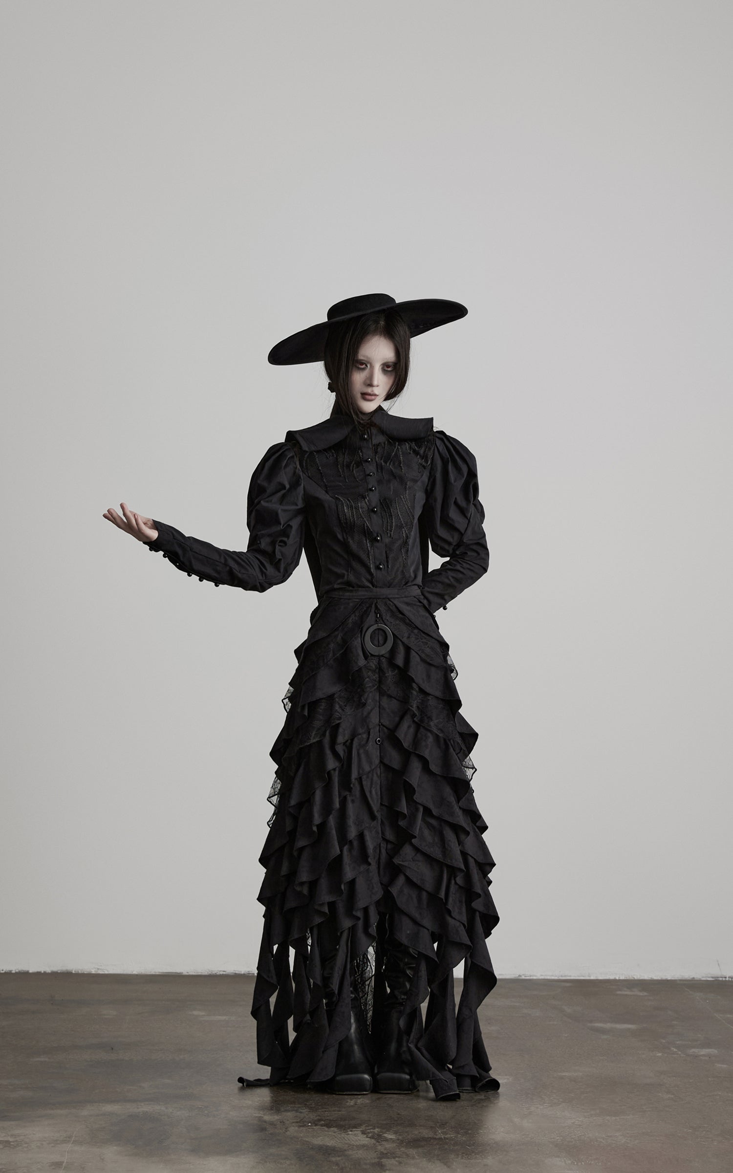 DOINDULGE Layered Ruffle Gothic Asymmetric Long Skirt