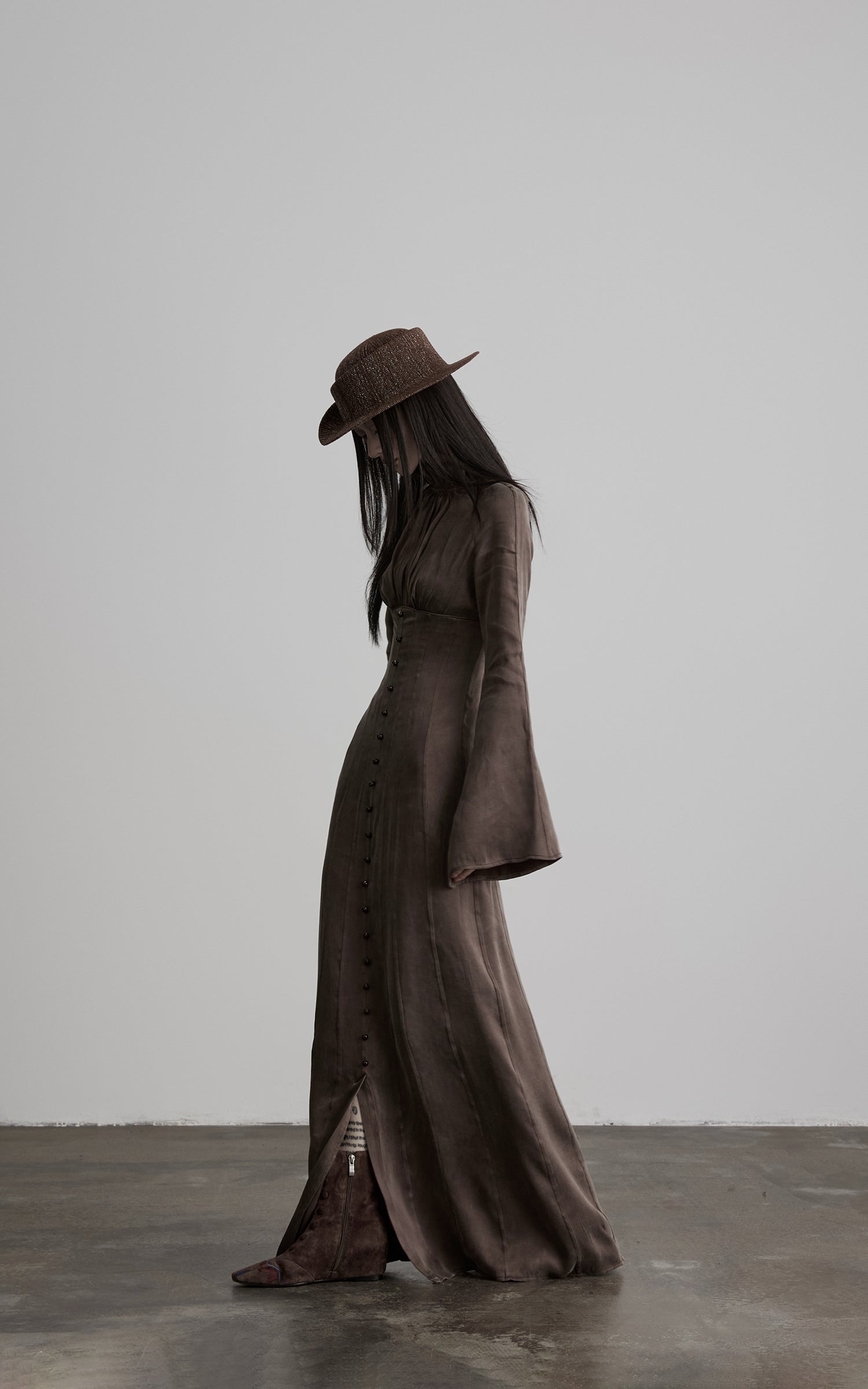 DOINDULGE High Neck Gathered Gothic Flare Sleeve Maxi Dress